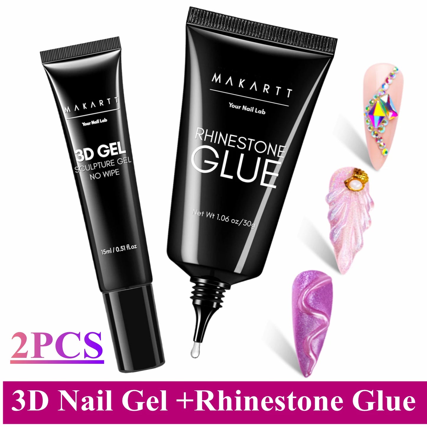 Makartt Nail Rhinestone Glue with 3D Nail Gel Kit, Nail Charm Glue Super Strong Gel Nail Glue for Nail, 3D Sculpting Gel