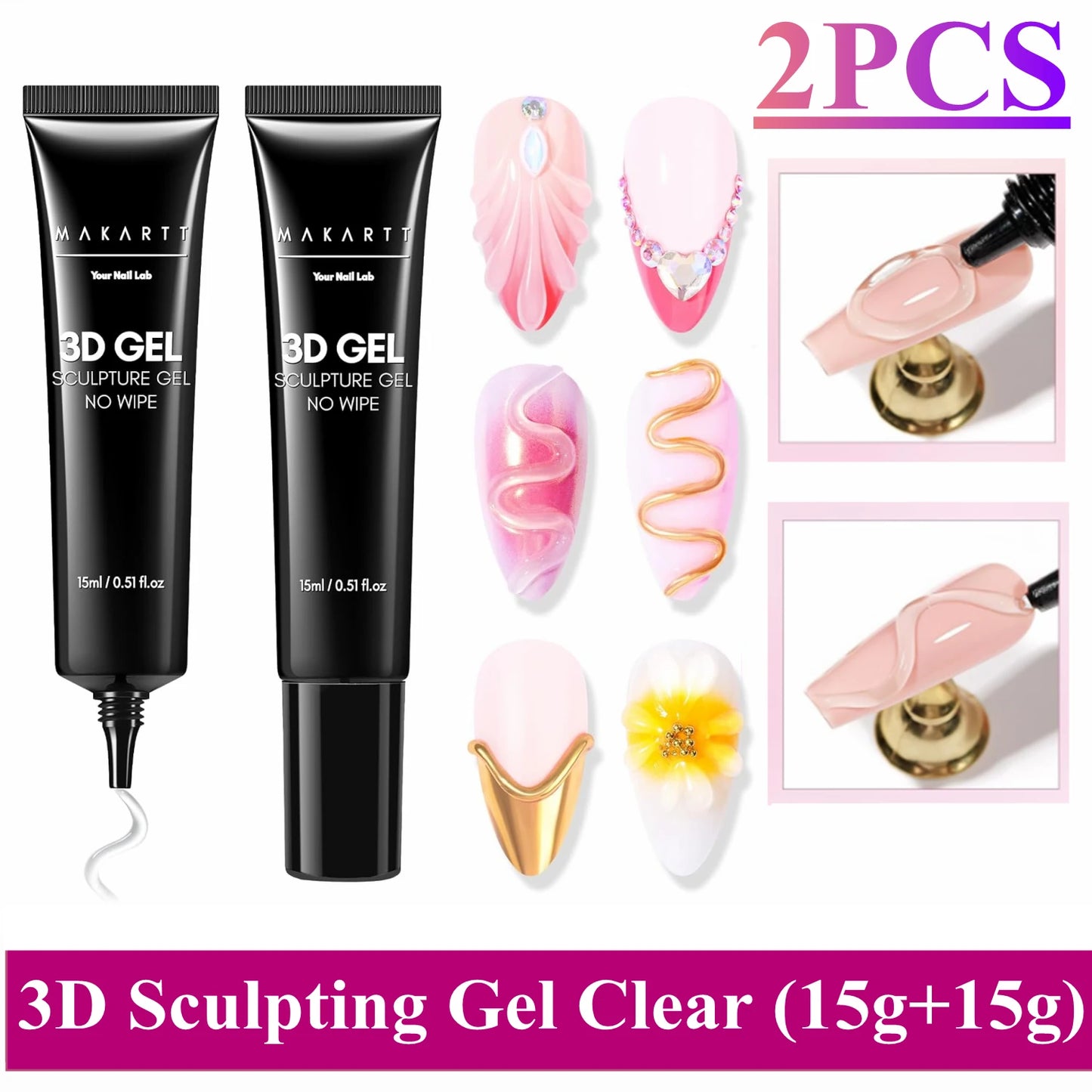 Makartt Nail Rhinestone Glue with 3D Nail Gel Kit, Nail Charm Glue Super Strong Gel Nail Glue for Nail, 3D Sculpting Gel